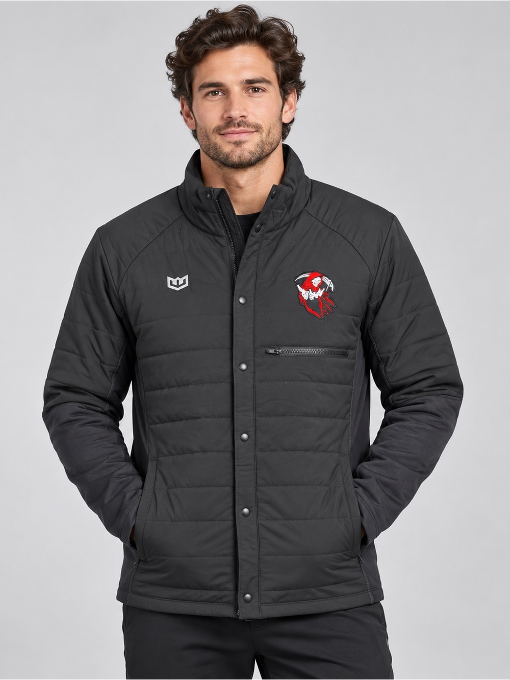 Warroad Ace Hybrid Jacket Men’s XL Black PrimaLoft Insulated Grim Reaper Patch